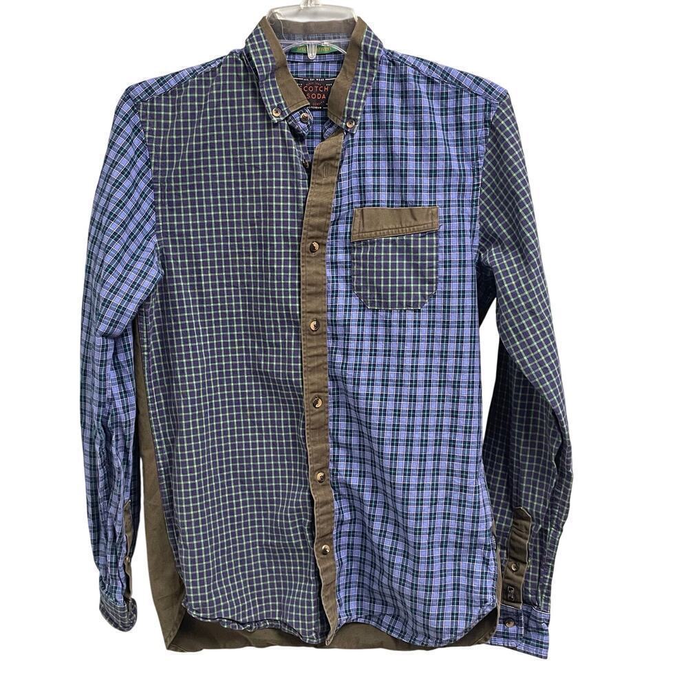 Scotch & Soda Mens Plaid Mixed Fabric Button Down Cotton Shirt Small Patchwork